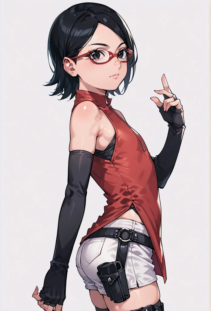 score_9_up, score_8_up, score_7_up, score_6_up, score_5_up, score_4_up, ,zPDXL2, solo, rating_questioablr, perfect face, perfect eyes, BBC_Chan Style, Sarada Uchiha, solo, 1girl, black hair, short hair, red-framed eyewear, glasses, black eyes,red dress, sleeveless, elbow gloves, black gloves, fingerless gloves, white shorts, black thighhighs, thigh holster, flat chest, round butt, side view, confidient pose, she was holding kunai