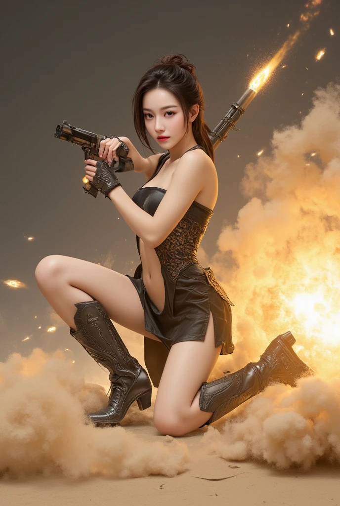 Retrato motor irreal:1.4,CG ultra realista K, fotorrealista:1.4, textura da pele:1.4, obra prima:1.4,Beautiful woman posing from behind in yellow latex lingerie posing in an apocalyptic city of fire,knee tights, Cyberpunk, beautiful thin hands,(foto 8k)), HDR ,super realista,...RAW, DETALHES HIPER-REALISTA, (estilo de filme)cores vivas