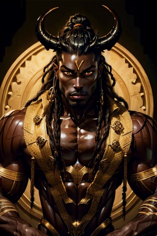 a close up of a man with long hair and a beard, black thor, brown skin man egyptian prince, kemetic, african mythology, african steampunk alchemist, male warrior, a black man with long curly hair, djinn human hybrid, african cyberpunk wizards, wakanda, attractive male deity, picture of an adult male warrior, storm egyptian god