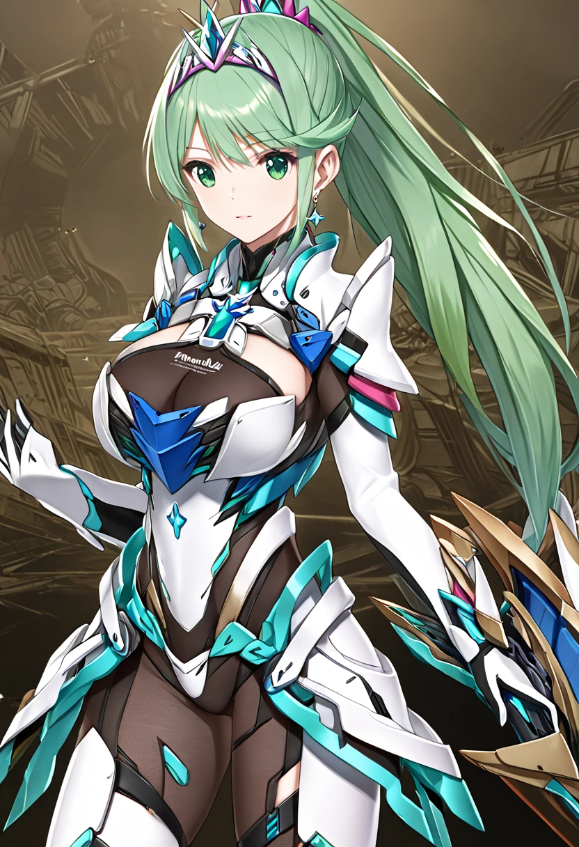  top quality 、 super detailed 、 high res illustration、Ultra-high-definition CG、８k size wallpaper、 production art、Puneuma（ Xenoblade）、 green eyes、 green hair、 tiara 、 ponytail、 earrings for women with first name、 big breasts、armor、 Chest Jewel 、white gloves、Elbow gloves、whole body