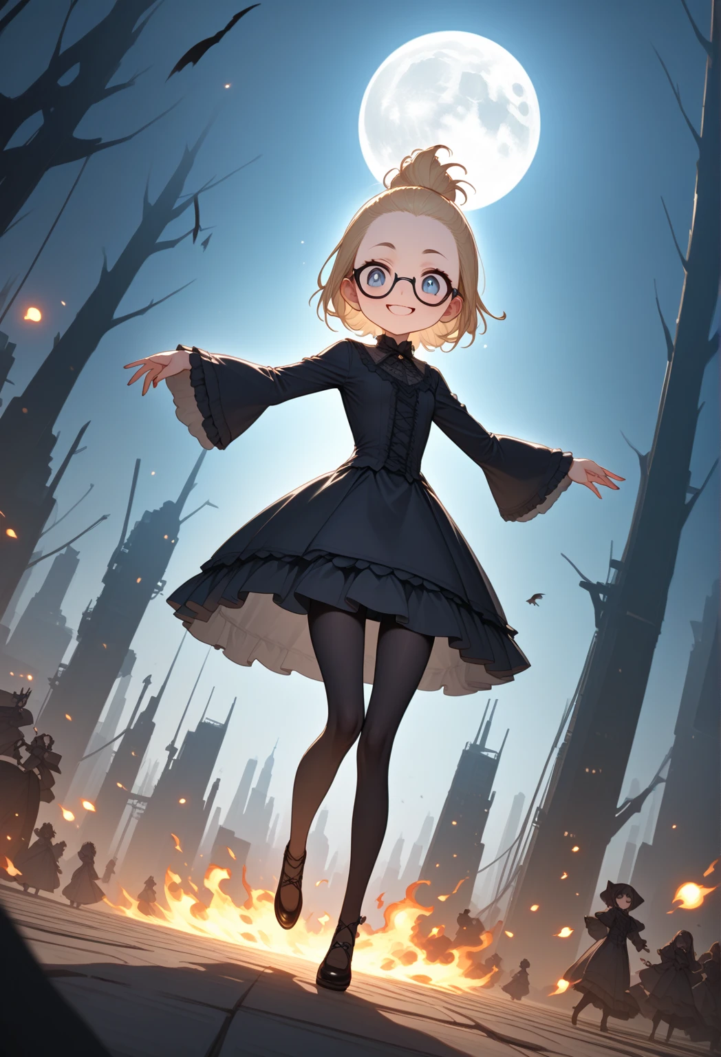 1girl\(skinny,flat chested,short height,(shiny forehead),(Slicked back hair:1.3),Beautiful (blonde:1.3) hair,(blue eyes),detailed pupils,(black glasses\(nodoka, thick flame, square glasses\):1.3), (blue eyeshadow), thin eyebrows, thick black eyeliner, shiny eyes, long eyelash, cute, (upturned eyes:1.3), (tight short gothic-lolita dress:1.5), (evil smile:1.2), (moon shaped skull), (dancing),music notes, (fly in air:1.3),full body, dynamic pose\). BREAK .background\((snow fairy), (snowing:1.4)\),(cityscape:1.3),(dynamic angle:1.4),from below. BREAK .quality\(8k,wallpaper of extremely detailed CG unit, high resolution, top-quality, top-quality real texture skin, hyper realistic, increase the resolution, RAW photos, best quality, highly detailed, the wallpaper, golden ratio, high saturation realism, vibrant colors, dramatic lighting, persuasive storytelling, atmospheric scenery, captivating visuals, intricate details, strong emotions, dreamlike world\)