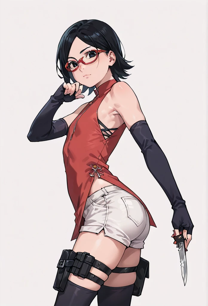 score_9_up, score_8_up, score_7_up, score_6_up, score_5_up, score_4_up, ,zPDXL2, solo, rating_questioablr, perfect face, perfect eyes, BBC_Chan Style, Sarada Uchiha, solo, 1girl, black hair, short hair, red-framed eyewear, glasses, black eyes,red dress, sleeveless, elbow gloves, black gloves, fingerless gloves, white shorts, black thighhighs, thigh holster, flat chest, round butt, side view, confidient pose, she was holding a knife