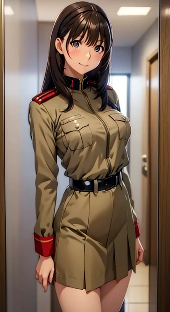 anime girl in uniform posing in a hallway with her hands on her hips, (sfw) safe for work, anya from spy x family, in uniform, red uniform, cushart krenz, female protagonist 👀 :8, cushart kenz, fully - clothed!!!, in a soldier uniform, makoto shinka, jk uniform,(ボックスプリーツ skirt:1.0)