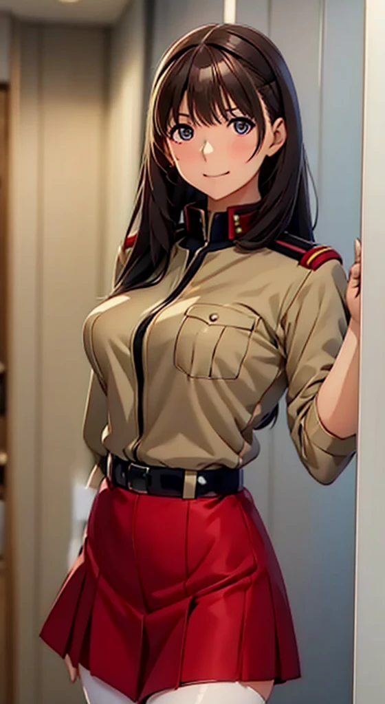 anime girl in uniform posing in a hallway with her hands on her hips, (sfw) safe for work, anya from spy x family, in uniform, red uniform, cushart krenz, female protagonist 👀 :8, cushart kenz, fully - clothed!!!, in a soldier uniform, makoto shinka, jk uniform,(ボックスプリーツ skirt:1.0)