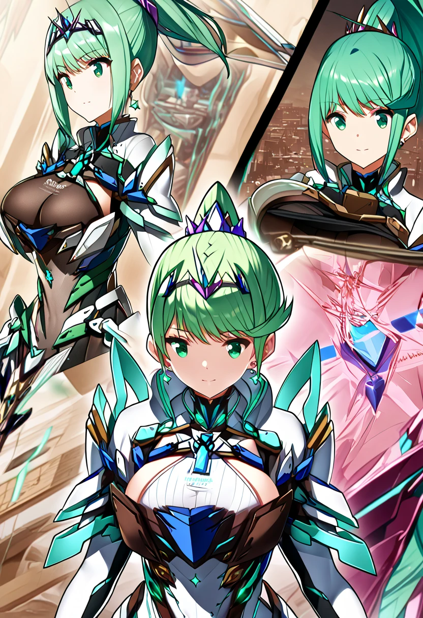  top quality 、 super detailed 、 high res illustration、Ultra-high-definition CG、８k size wallpaper、 production art、Puneuma（ Xenoblade）、 green eyes、 green hair、 tiara 、 ponytail、 earrings for women with first name、 big breasts、armor、 Chest Jewel 、white gloves、Elbow gloves、