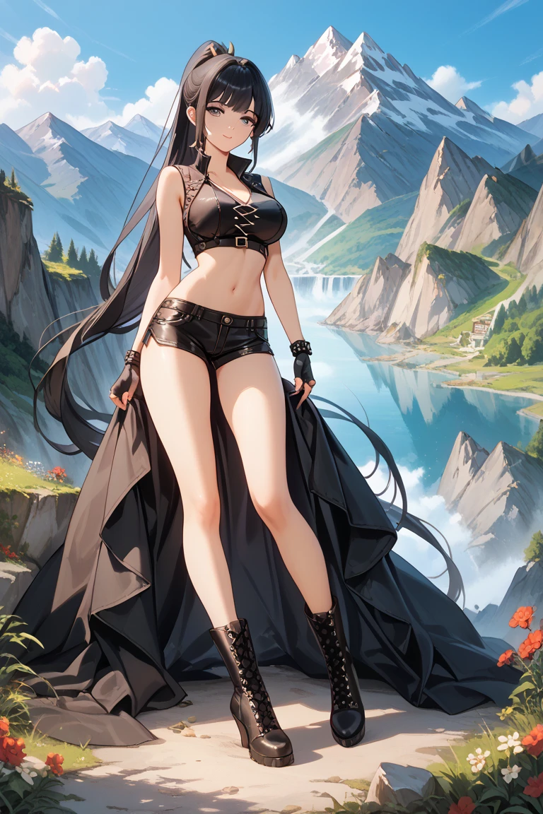 Girl, beautiful, cute, black hair, ponytail,((Teenage)), full body vusible, short torso, very thin legs, ((very long legs)), thigh gap, black heavy laced boots, black shorts, large breasts, black crop top with clevage, leather vest, fingerless gloves, best quality, uncensored, mountain in background, view from front