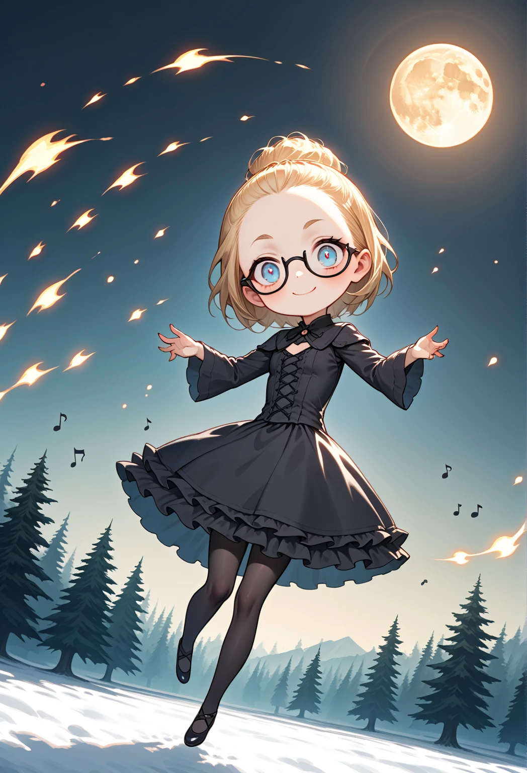 1girl\(skinny,flat chested,short height,(shiny forehead),short (Slicked back hair:1.3),Beautiful (blonde:1.3) hair,(blue eyes),detailed pupils,(black glasses\(nodoka, thick flame, square glasses\):1.3), (blue eyeshadow), thin eyebrows, thick black eyeliner, shiny eyes, long eyelash, cute, (upturned eyes:1.3), (tight short gothic-lolita dress:1.5), (evil smile:1.2), (moon shaped skull), (dancing),music notes, (fly in air:1.3),full body, dynamic pose\). BREAK .background\((ice fairy flying), (snow:1.4)\),(cityscape:1.3),(dynamic angle:1.4),from below. BREAK .quality\(8k,wallpaper of extremely detailed CG unit, high resolution, top-quality, top-quality real texture skin, hyper realistic, increase the resolution, RAW photos, best quality, highly detailed, the wallpaper, golden ratio, high saturation realism, vibrant colors, dramatic lighting, persuasive storytelling, atmospheric scenery, captivating visuals, intricate details, strong emotions, dreamlike world\)