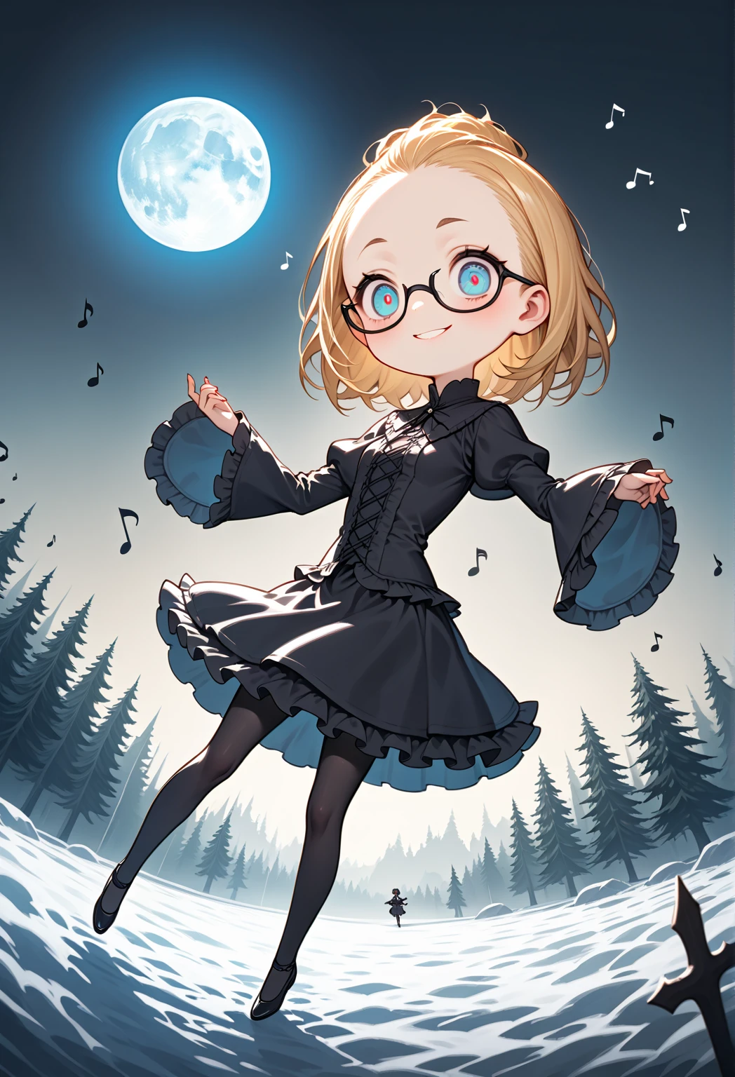 1girl\(skinny,flat chested,short height,(shiny forehead),short (Slicked back hair:1.3),Beautiful (blonde:1.3) hair,(blue eyes),detailed pupils,(black glasses\(nodoka, thick flame, square glasses\):1.3), (blue eyeshadow), thin eyebrows, thick black eyeliner, shiny eyes, long eyelash, cute, (upturned eyes:1.3), (tight short gothic-lolita dress:1.5), (evil smile:1.2), (moon shaped skull), (dancing),music notes, (fly in air:1.3),full body, dynamic pose\). BREAK .background\((ice fairy flying), (snow:1.4)\),(cityscape:1.3),(dynamic angle:1.4),from below. BREAK .quality\(8k,wallpaper of extremely detailed CG unit, high resolution, top-quality, top-quality real texture skin, hyper realistic, increase the resolution, RAW photos, best quality, highly detailed, the wallpaper, golden ratio, high saturation realism, vibrant colors, dramatic lighting, persuasive storytelling, atmospheric scenery, captivating visuals, intricate details, strong emotions, dreamlike world\)