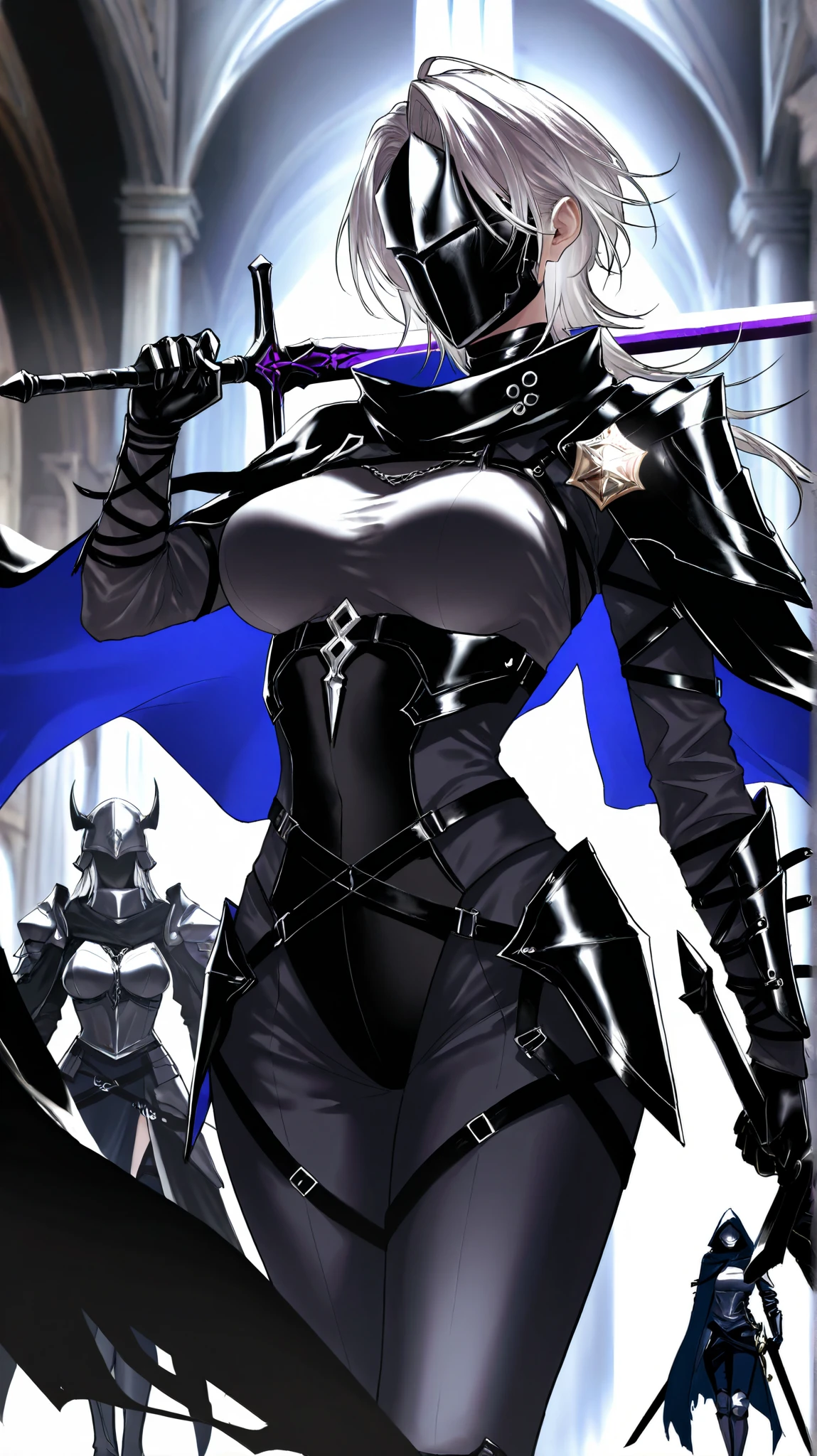 (masterpiece, best quality, high resolution, ((full body, standing,)),((huge breasts)) 1(masterpiece, best quality, high resolution, ((full body standing,)),( (huge breasts) 1 beautiful woman, very short unkempt black hair, black fantasy paladin armor with gold full body details, black fantasy paladin cape, black fantasy paladin helmet, holding 1 black paladin sword fantasy, brutal black appearance, powerful stance