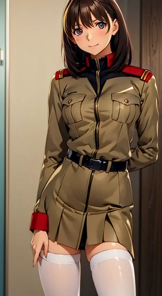 anime girl in uniform posing in a hallway with her hands on her hips, (sfw) safe for work, anya from spy x family, in uniform, red uniform, cushart krenz, female protagonist 👀 :8, cushart kenz, fully - clothed!!!, in a soldier uniform, makoto shinka, jk uniform,(ボックスプリーツ skirt:1.0)