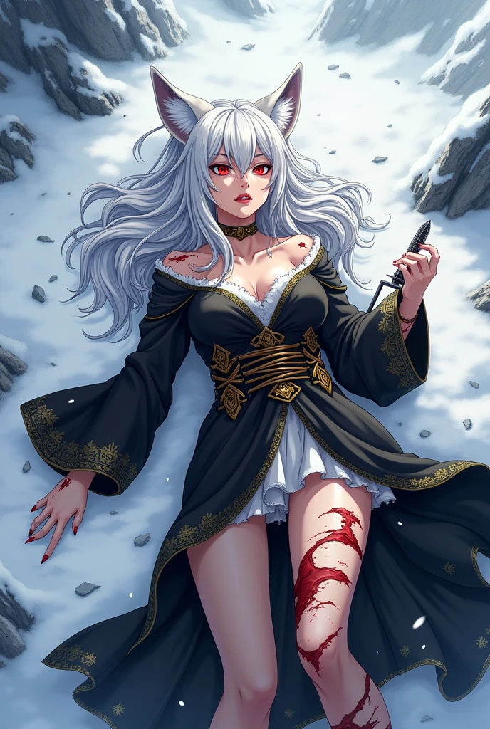 4k Highly detailed and realistic digital extremely high quality RAW photos, A portrait of a woman who has lived with wolves all her life、Now he leads his wolves into battle. Torn clothing is exposed (nude:1.4) body, Armored Shoulders, tooth, Wrapping angle, Big Breasts, ((Snow and Blood)), ((Wolf Tattoo)), amazing, Surreal, Hyperrealism, 8k, Cinema Lighting,Wow, (1 1 1.8. Short focus bokeh)