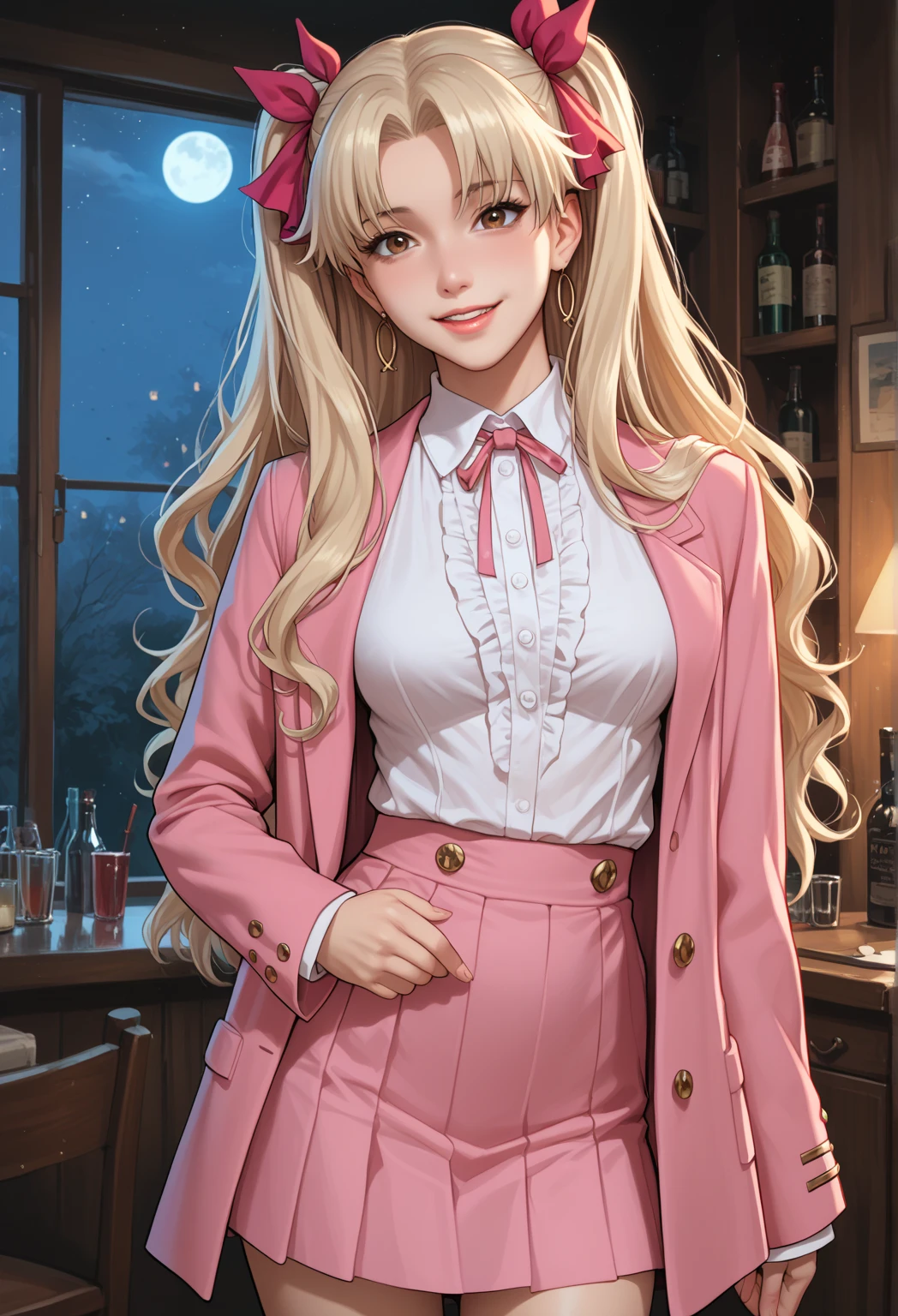 (best quality), 1boy, male, femboy, porcelain skin, blonde hair, straight hair, long hair, swept bangs, beret, cardigan, skirt, brown eyes, perfect eyes, smile, blush, pink lips, masterpiece, anatomically correct, highres
