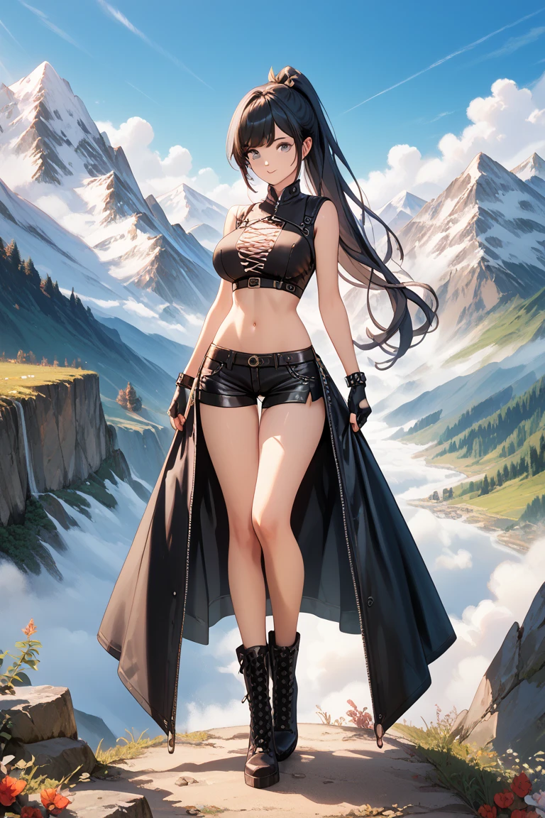 Girl, beautiful, cute, black hair, ponytail,((Teenage)), full body vusible, short torso, very thin legs, ((very long legs)), thigh gap, black heavy laced boots, black shorts, large breasts, black crop top with clevage, leather vest, fingerless gloves, best quality, uncensored, mountain in background, view from front, detailed, masterpiece 