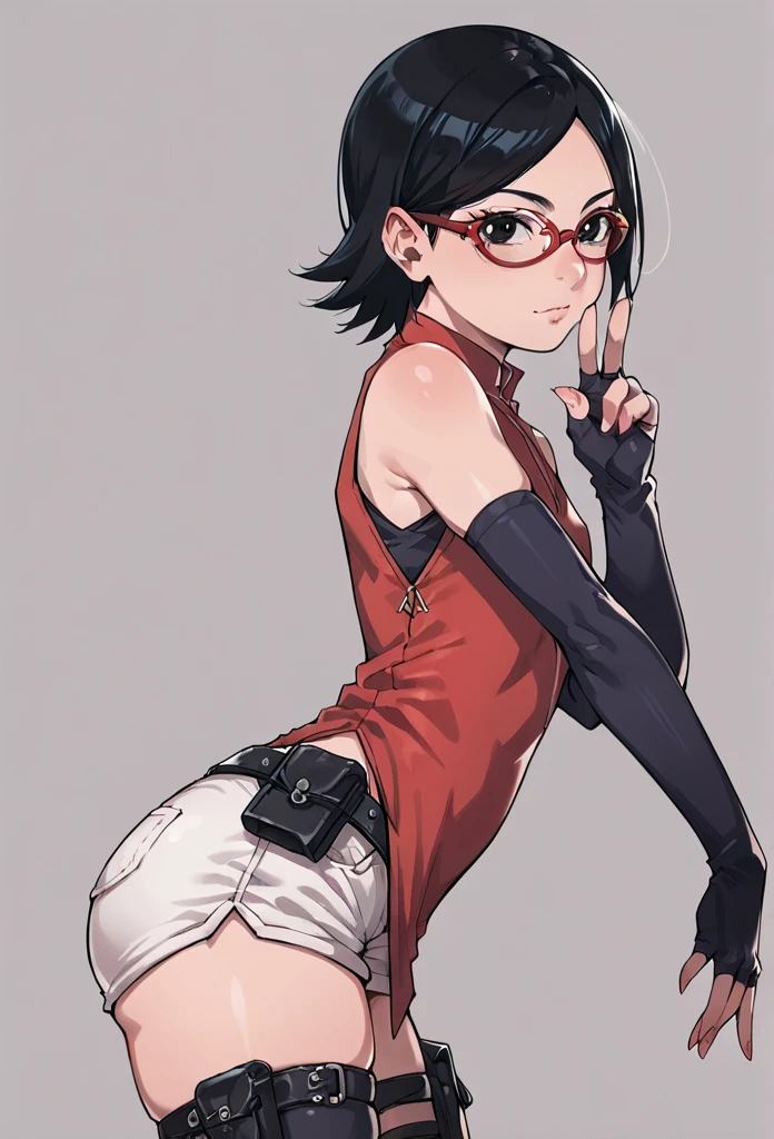 score_9_up, score_8_up, score_7_up, score_6_up, score_5_up, score_4_up, ,zPDXL2, solo, rating_questioablr, perfect face, perfect eyes, BBC_Chan Style, Sarada Uchiha, solo, 1girl, black hair, short hair, red-framed eyewear, glasses, black eyes,red dress, sleeveless, elbow gloves, black gloves, fingerless gloves, white shorts, black thighhighs, thigh holster, flat chest, round butt, side view, confidient pose, she was holding a kondom