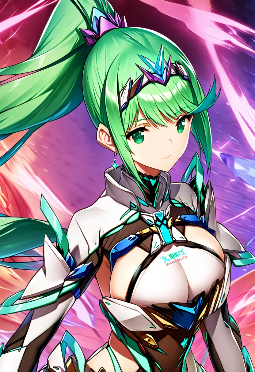  top quality 、 super detailed 、 high res illustration、Ultra-high-definition CG、８k size wallpaper、 production art、woman１people、Puneuma（ Xenoblade）、 green eyes、 green hair、 tiara 、 ponytail、 earrings for women with first name、 big breasts、armor、 Chest Jewel 、white gloves、Elbow gloves、whole body