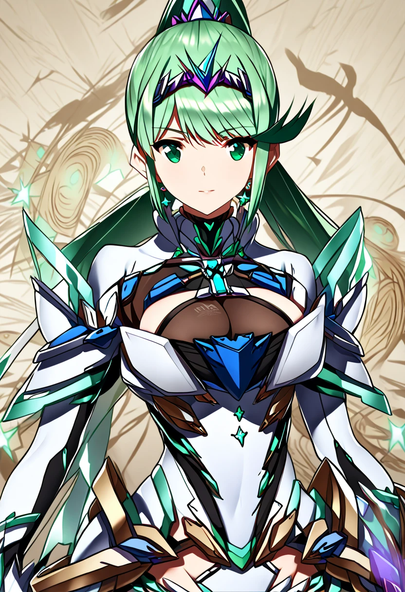  top quality 、 super detailed 、 high res illustration、Ultra-high-definition CG、８k size wallpaper、 production art、woman１people、Puneuma（ Xenoblade）、 green eyes、 green hair、 tiara 、 ponytail、 earrings for women with first name、 big breasts、armor、 Chest Jewel 、white gloves、Elbow gloves、whole body