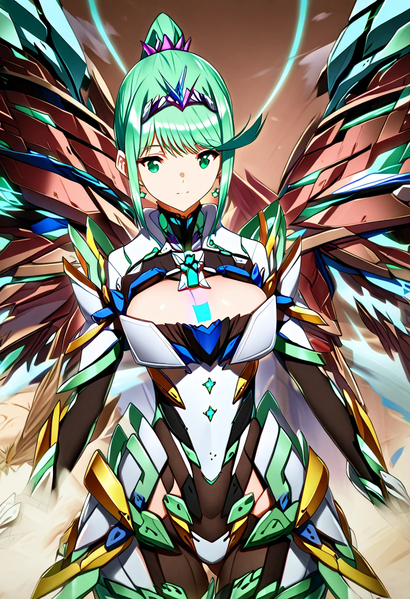  top quality 、 super detailed 、 high res illustration、Ultra-high-definition CG、８k size wallpaper、 production art、woman１people、Puneuma（ Xenoblade）、 green eyes、 green hair、 tiara 、 ponytail、 earrings for women with first name、 big breasts、armor、 Chest Jewel 、white gloves、Elbow gloves、whole body