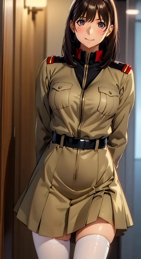 anime girl in uniform posing in a hallway with her hands on her hips, (sfw) safe for work, anya from spy x family, in uniform, red uniform, cushart krenz, female protagonist 👀 :8, cushart kenz, fully - clothed!!!, in a soldier uniform, makoto shinka, jk uniform,(ボックスプリーツ skirt:1.0)