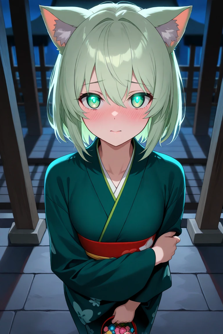  maximum resolution ,  very detailed ,  best quality,precise,  masterpiece, Solo,1 woman,Light green hair ,Short twinthels ,Cat ears, Jewel Green Eyes ,Light Gradient Eyes ,Glowing Eyes , shy face, Green Yukata Dress , Japanese shrine ,Holding a candy ,Dark Morning , is anatomically correct, anime images 