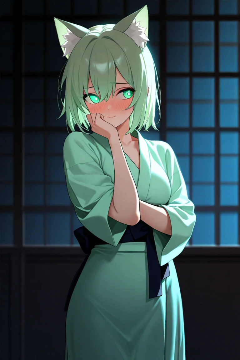  maximum resolution ,  very detailed ,  best quality,precise,  masterpiece, Solo,1 woman,Light green hair ,Short twinthels ,Cat ears, Jewel Green Eyes ,Light Gradient Eyes ,Glowing Eyes , shy face, Green Yukata Dress , Japanese shrine ,Holding a candy ,Dark Morning , is anatomically correct, anime images 