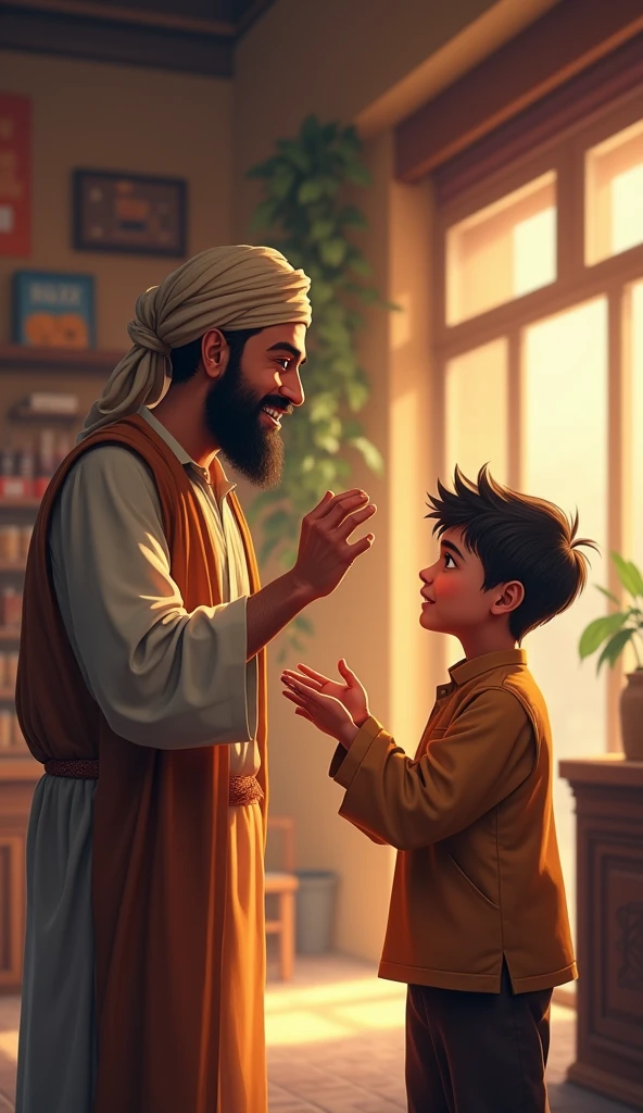 His expression is calm and kind. A boy, looking humble and innocent, stands before him with a hopeful expression