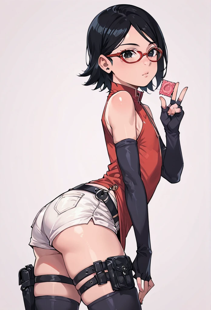 score_9_up, score_8_up, score_7_up, score_6_up, score_5_up, score_4_up, ,zPDXL2, solo, rating_questioablr, perfect face, perfect eyes, BBC_Chan Style, Sarada Uchiha, solo, 1girl, black hair, short hair, red-framed eyewear, glasses, black eyes,red dress, sleeveless, elbow gloves, black gloves, fingerless gloves, white shorts, black thighhighs, thigh holster, flat chest, round butt, side view, confidient pose, she was holding a condom