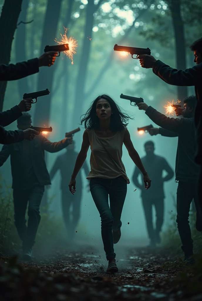 A young lady running in a road with fear, 4 boys chasing her from behind with some weapon at night in low light situation 