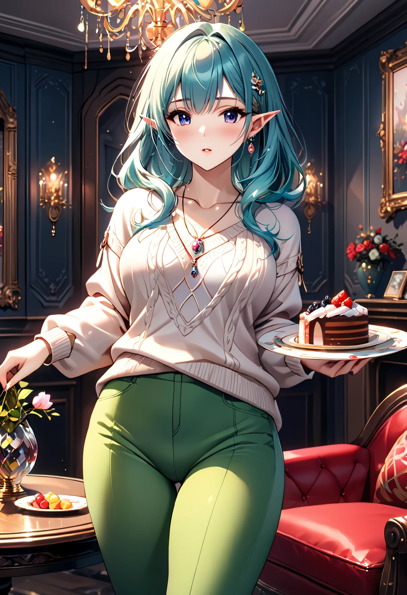 anime,  girl , (elf), Charming,  sexy,  Perfect anatomy , curvy shapes,  Dressed in a Beautiful Sweater , Soft pants , decorations, PENDANT, barrette ,  background The room is beautiful with decorations,  Little goodies on a plate ,  girl  держит Книгу в руке,  masterpiece fails,  complex details ,  maximum detail, ( masterpiece fails,  complex details , 8 k), 