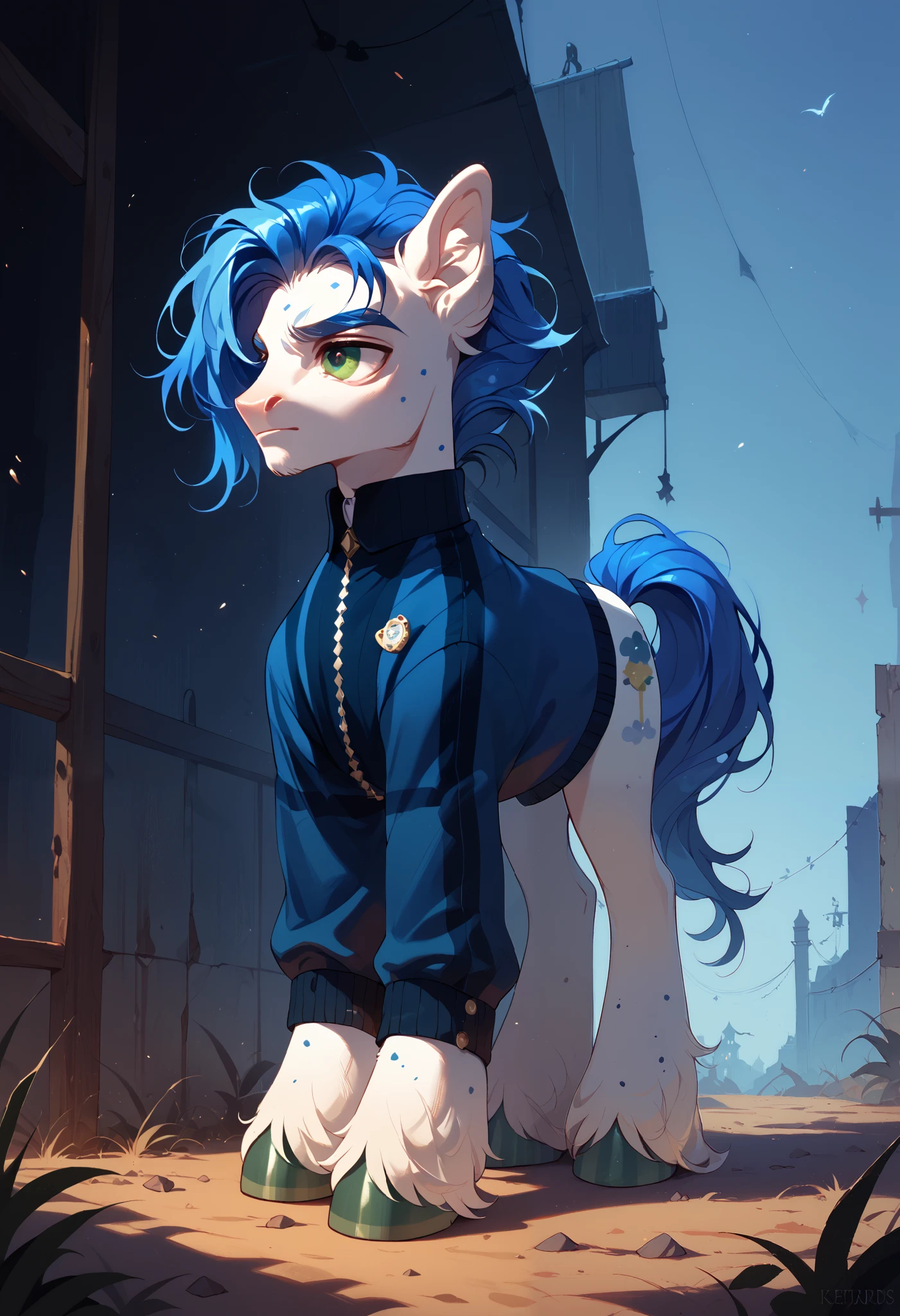 He has a medium length mane that is colored dark blue with shiny strands. His eyes are bright green and his hooves are white.
This character is an earth pony, and by nature is calm and kind, but also suffers from periods of depression and loneliness.