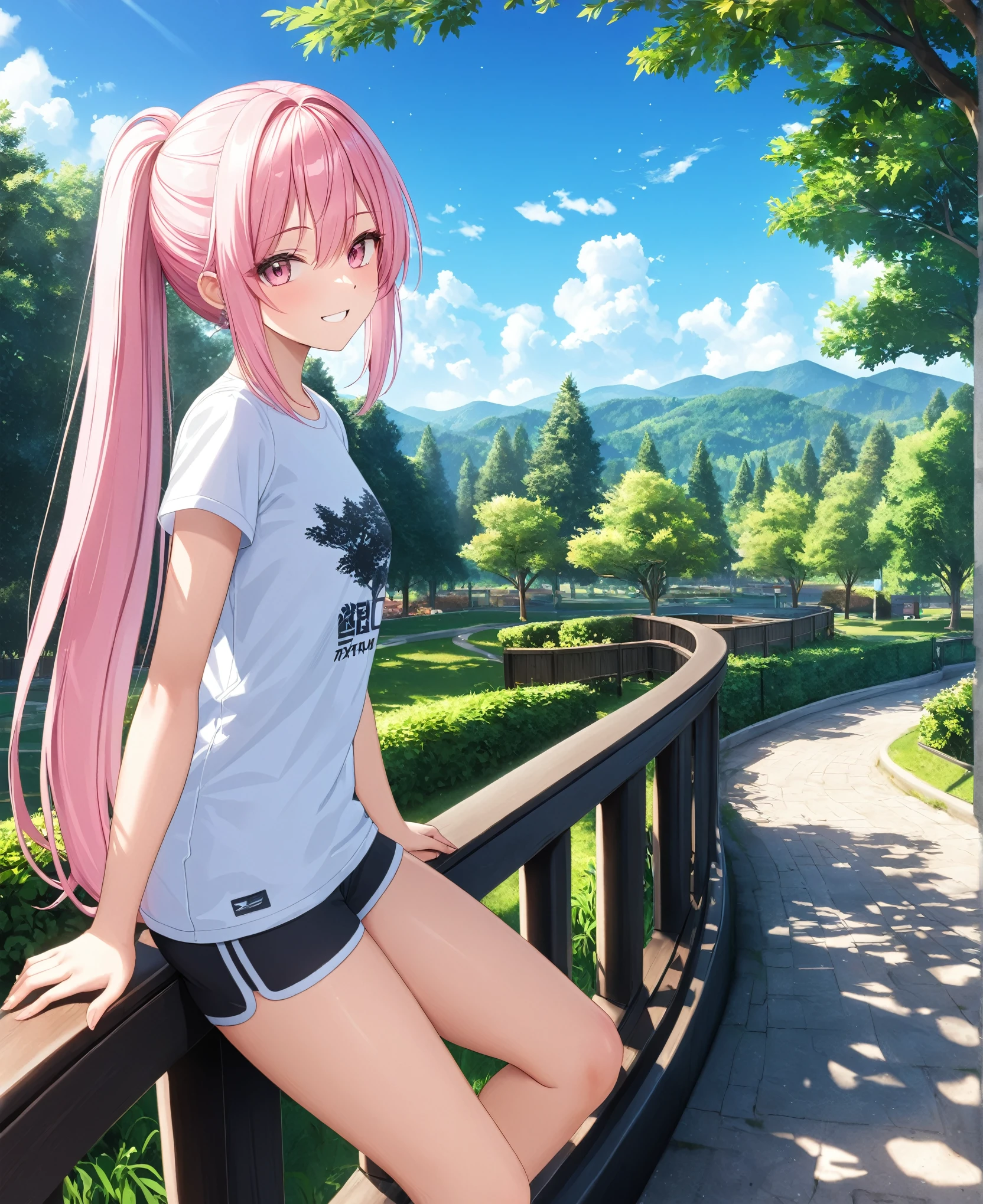 1girl, solo, Pink Shine Bright Hair, hair between eyes, Long hair, ponytail, aesthetic detailed eyes, (Pink shiny Bright Eyes), bright pink eyes, looking at viewer,(pale cheeks), (skin colored cheeks), Mesmerise, Little smile, closed mouth, small breasts, (half body, cowboy shot), BREAK
(white sport t-shirt), BREAK
(park, trees, sunny, blue sky), BREAK
HDR, 8K, masterpiece, best quality, amazing quality, very aesthetic, high resolution, ultra-detailed, absurdres, newest, scenery,
masterpiece, scenery, aesthetic detailed background, best quality, game cg aesthetics, sharp focus, sharp details, beautiful detailed eyes, detailed skin, detailed hair, light particles, photo background, depth of field,
(masterpiece), best quality, ultra-detailed, 1024k UHD wallpaper, ultra-high resolution, depth of field, HDR, Ray tracing, RTX, high saturation, photon mapping, best texture quality, best compotitions, (extremely detailed CG 1024k wallpaper), High Details, Detailed face, Detailed Clothes, Ultra HD Photo, Perfect Face, expressive eyes, pale cheeks