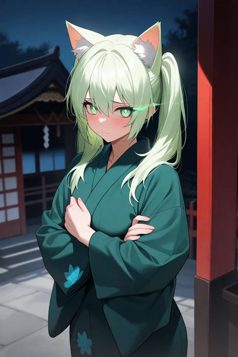  maximum resolution ,  very detailed ,  best quality,precise,  masterpiece, Solo,1 woman,Light green hair,Shoulder-length twintails,Cat ears, Jewel Green Eyes ,Light Gradient Eyes ,Glowing Eyes , shy faces, Green Yukata Dress , Japanese shrine ,Holding a candy ,Dark Morning , is anatomically correct, anime images 