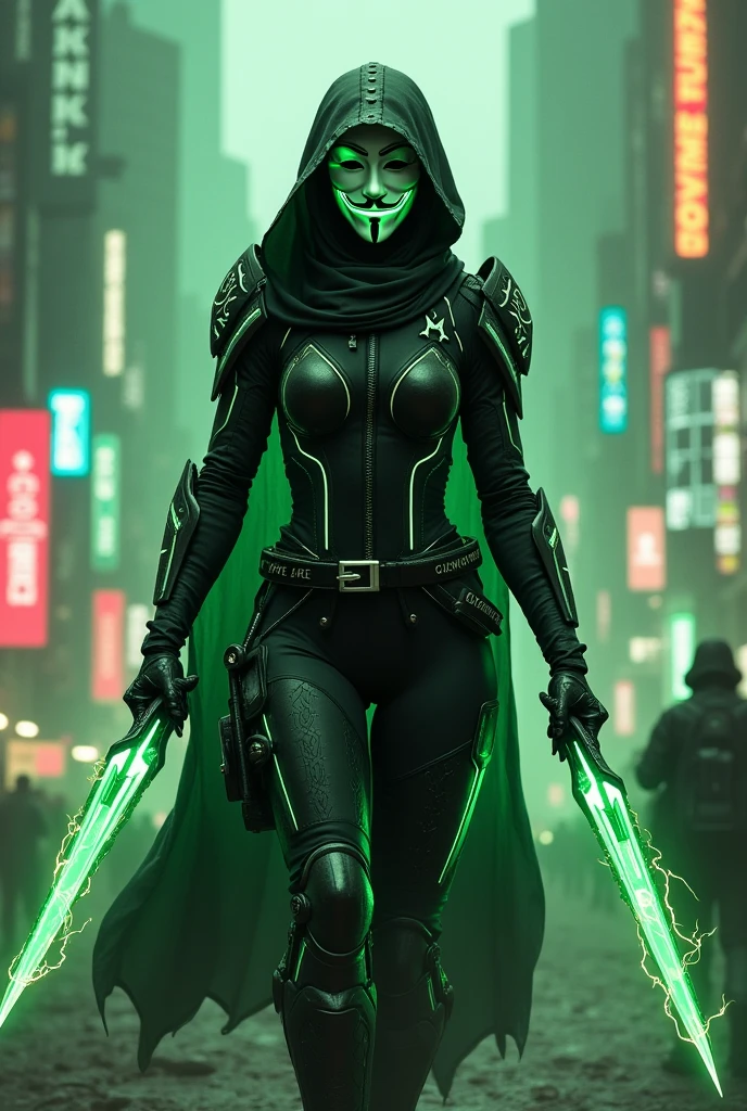 (best quality) (extra high definition) women big boobs viper smoke with mask, dark style, black titanium armor green details, looking at you, sword in hand, cyberpunk city