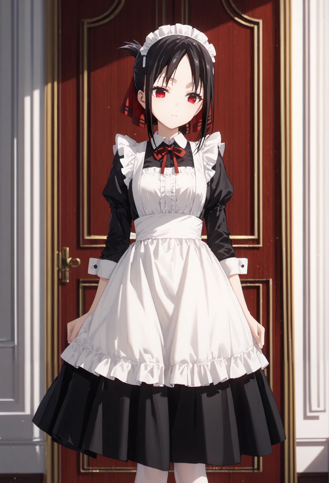  dressed in maid outfit  1girl, shinomiya kaguya,  red eyes, maid,black hair, , ribbon, maid headdress,kaguya shinomiya, short hair, bangs, black hair, red eyes, hair ribbon, sidelocks, folded ponytail, parted bangs,standing,full-body shot,white pantyhose,black heels,black skirt,white apron