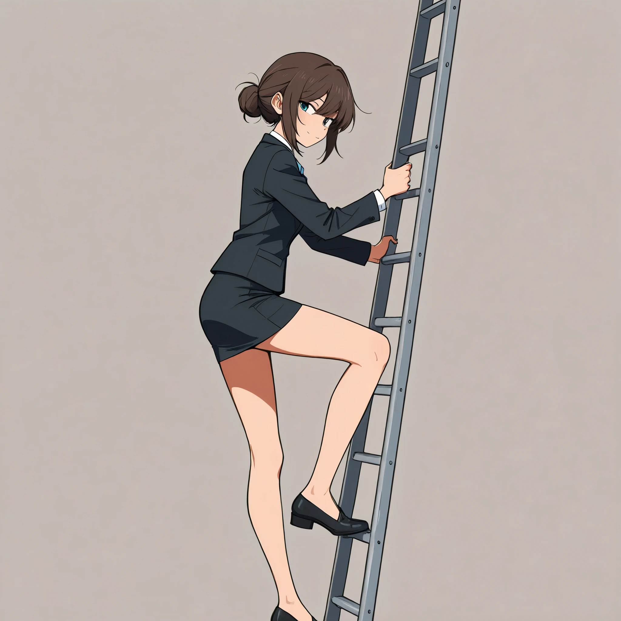 Grab the ladder with both hands.climb a ladder、、Office ladies in mini skirts climbing ladders.、full body、Only one ladder、side view, looking at the viewer、Detailed hand、Hand、Perfect hand、Stable_Yogis_Animetoon_Negatives