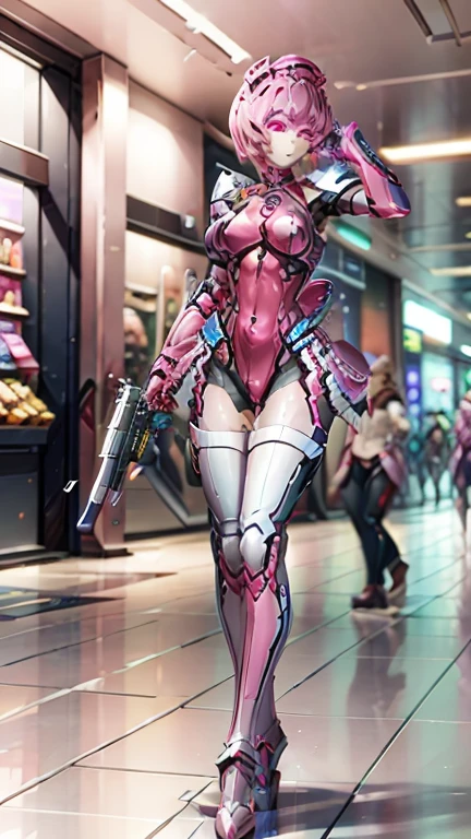  highest image quality taken by Ki、8k、Realistic、 girl 、 Android 、1 person,  cyberpunk、 near future city、  dynamic poses in a crowded store, full body shot,long shot,high resolution, masterpiece, high quality, perfect face, Elenor, (robot, silver metal body), solid pink eyes, pink armor, pink helmet, large breasts, extremely glossy, futuristic city, night time, ultrahigh resolution textures