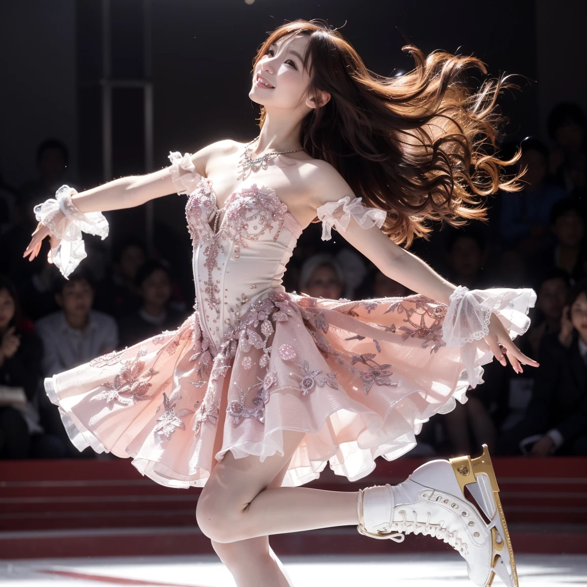  A woman in a light red purple short dress is showing off figure skating、I'm wearing white skates、 Beautiful and Elegant 、 skating rink、Figure skating performance、  are closed、  cute smile inside the Kyoden、  a soft and gentle expression 