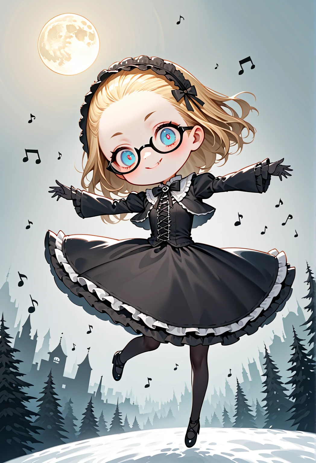 solo,1girl\(skinny,flat chest, short height,(shiny forehead),short (Slicked back hair:1.3),Beautiful (blonde:1.3) hair,horn, (shiny blue eyes),detailed pupils,(black glasses\(brand\(nodoka\),square shape glasses\):1.3), (blue eyeshadow), thin eyebrows, thick black eyeliner, shiny eyes, long eyelash, cute, (upturned eyes:1.3), (short gothic-lolita dress\((very tight:1.2),(many ribbon) \):1.5), (evil smile:1.2), (dancing in sky),music notes, (flying in air:1.3),(body floating in air:1.3), full body, dynamic pose\). BREAK .background\(((skull shaped:1.2) moon),(white ice fairy:1.3), (snow falling:1.5)\),(cityscape:1.3),(dynamic angle:1.4),from below. BREAK .quality\(8k,wallpaper of extremely detailed CG unit, high resolution, top-quality, top-quality real texture skin, hyper realistic, increase the resolution, RAW photos, best quality, highly detailed, the wallpaper, golden ratio, high saturation realism, vibrant colors, dramatic lighting, persuasive storytelling, atmospheric scenery, captivating visuals, intricate details, strong emotions, dreamlike world\)