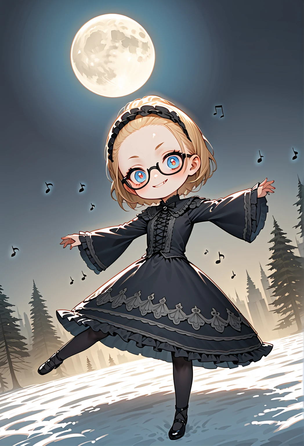 solo,1girl\(skinny,flat chest, short height,(shiny forehead),short (Slicked back hair:1.3),Beautiful (blonde:1.3) hair,(blue eyes),detailed pupils,(black glasses\(nodoka, thick frame, square glasses\):1.3), (blue eyeshadow), thin eyebrows, thick black eyeliner, shiny eyes, long eyelash, cute, (upturned eyes:1.3), (short gothic-lolita dress\((tight:1.2),many ribbon \):1.5), (evil smile:1.2), (dancing),music notes, (flying in air:1.3),(body floating in air), full body, dynamic pose\). BREAK .background\((moon is skull),(white ice fairy), (snow:1.5)\),(cityscape:1.3),(dynamic angle:1.4),from below. BREAK .quality\(8k,wallpaper of extremely detailed CG unit, high resolution, top-quality, top-quality real texture skin, hyper realistic, increase the resolution, RAW photos, best quality, highly detailed, the wallpaper, golden ratio, high saturation realism, vibrant colors, dramatic lighting, persuasive storytelling, atmospheric scenery, captivating visuals, intricate details, strong emotions, dreamlike world\)