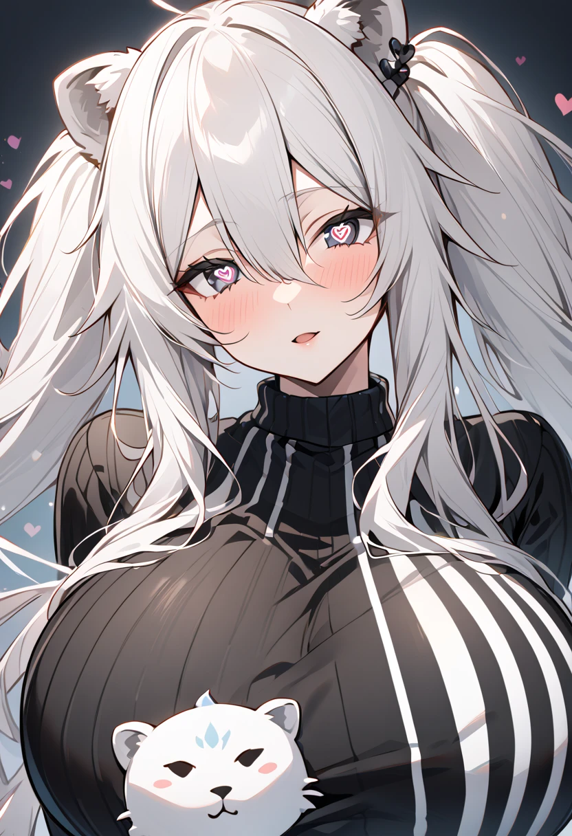   Shishirabotan、  Black knitted outfit 、 vertical striped sweater 、  black sweater、huge breasts:1.5、sagging breast:1.5、  1 girl、  Portrait、 Speaking Heart 、  focus on faces 、  straight hair  、  twin tails、  slightly disheveled hair、White Lion、Vertical white lines on clothes,heart in eyes, ハートアイ