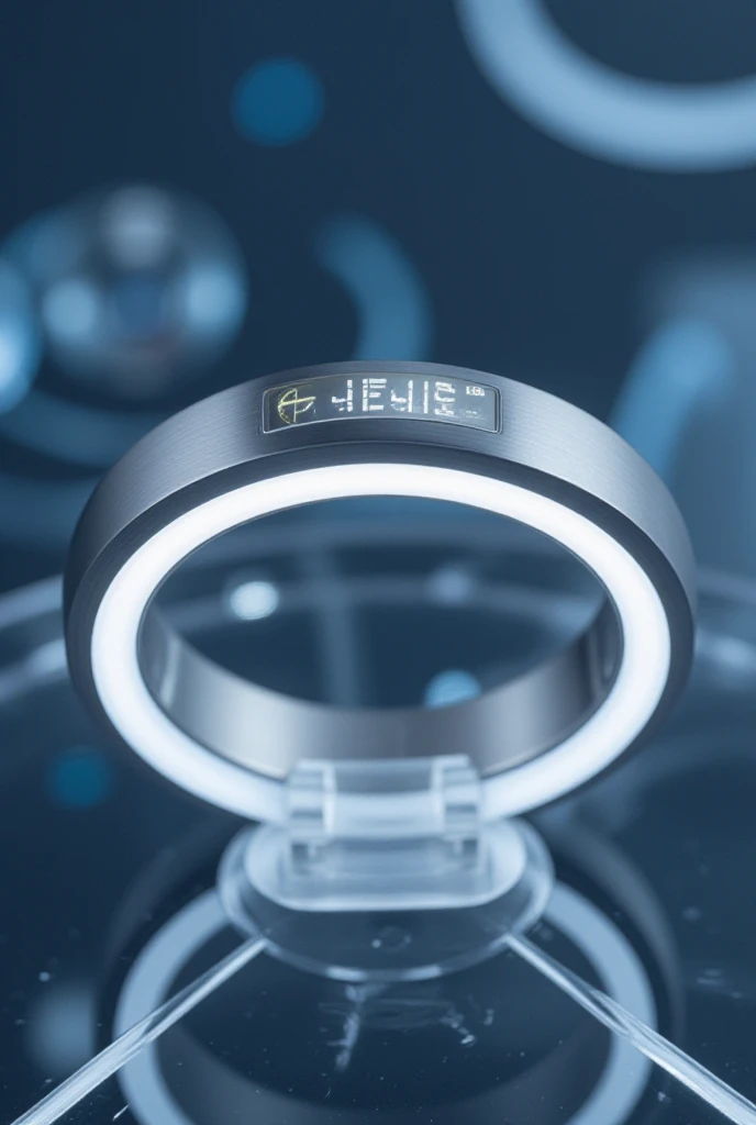 "A futuristic close-up image of the Samsung Galaxy Ring, showcasing its sleek and minimalistic design. The ring is silver with a glowing LED band, set against a high-tech background with digital holographic elements. The focus is on the ring's advanced health monitoring sensors and a small screen displaying vital signs. The overall scene has a modern and innovative vibe, emphasizing cutting-edge technology."