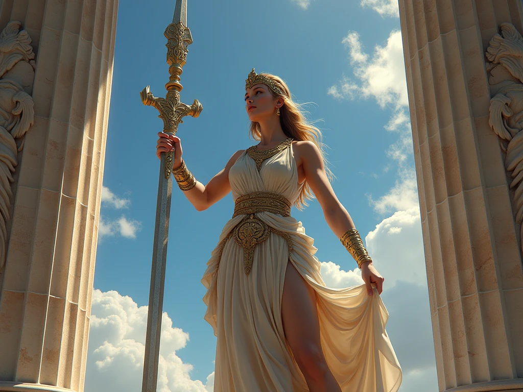 (Masterpiece.uhd) in a temple resting on large, long Greek columns, a gigantic statue over 20 metres high of a long-haired, almost naked warrior woman carrying a two-handed sword. Legs spread. Climbing On a large stone staircase, back view, A naked warrior woman with a sword and shield. Age 23. Long braided blonde hair. Early morning light.