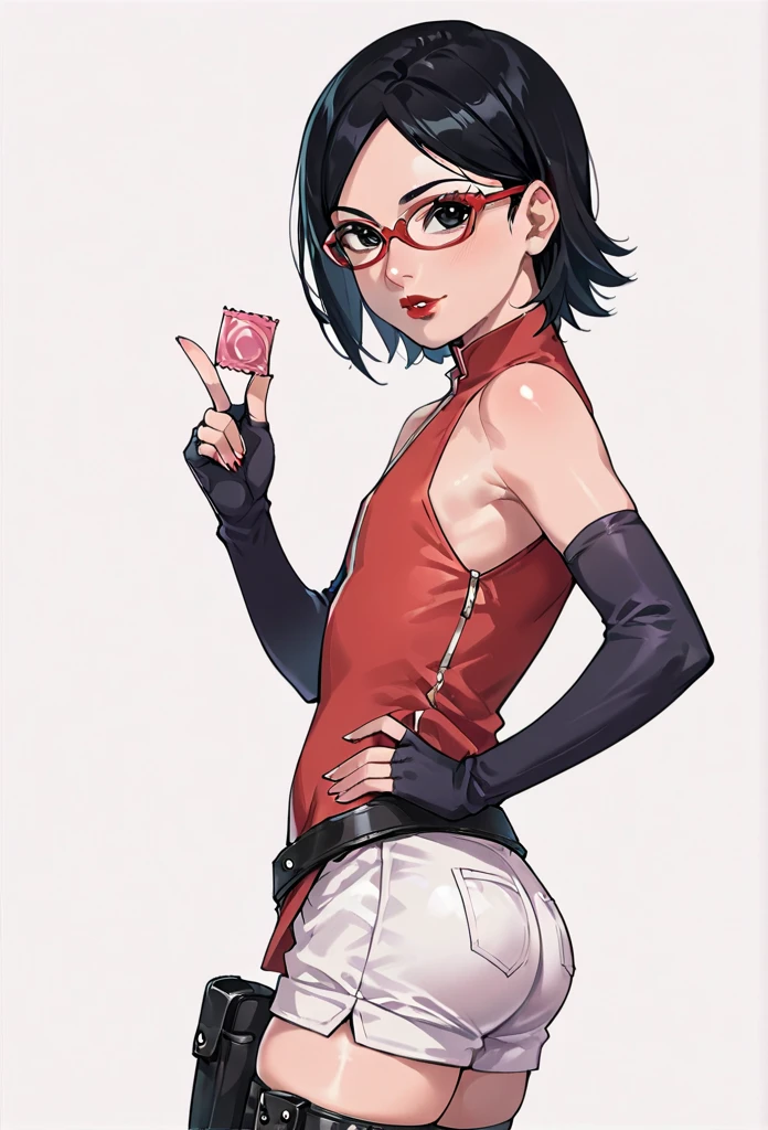 score_9_up, score_8_up, score_7_up, score_6_up, score_5_up, score_4_up, ,zPDXL2, solo, rating_questioablr, perfect face, perfect eyes, BBC_Chan Style, Sarada Uchiha, solo, 1girl, black hair, short hair, red-framed eyewear, glasses, black eyes,red dress, sleeveless, elbow gloves, black gloves, fingerless gloves, white shorts, black thighhighs, thigh holster, flat chest, round butt, side view,preety make up, red lipstick, eyeliner,  confidient pose, she was holding a condom