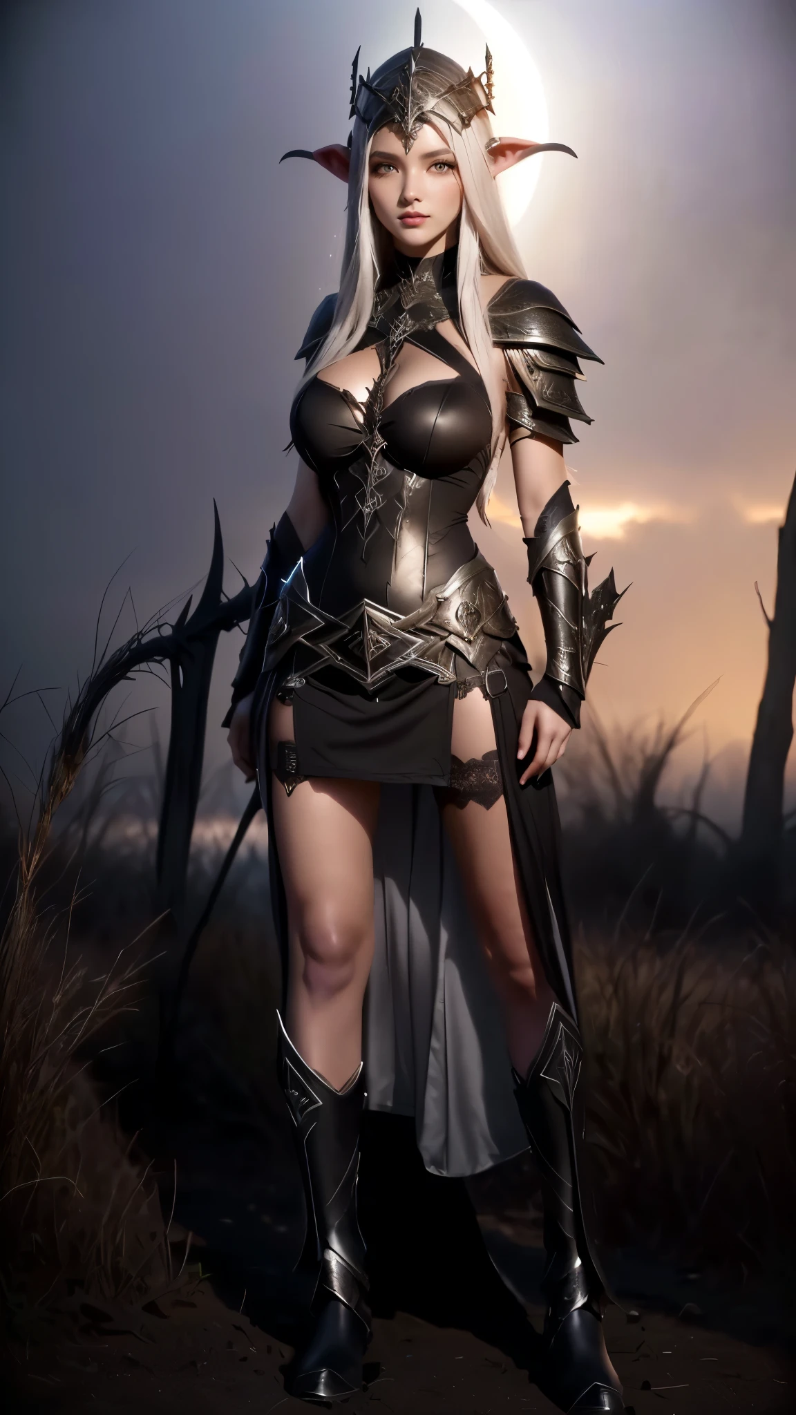 There's a woman in costume standing in the middle of a field, Black Elf, Black Elf maiden, Black Elf princess, pale black armor, from lineage 2, dark sorceress full view, beautiful Black Elf countess, Estilo Lineage 2 Revolution, Necromancer Bela , Perfect draw, succubus in short tight dress, fancy dress