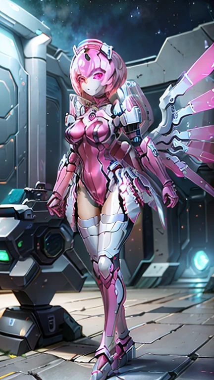 high resolution, masterpiece, high quality, perfect face, Elenor, (robot, silver metal body), solid pink eyes, pink armor, pink helmet, large breasts, extremely glossy, futuristic city, night time, mechanical wings, ultrahigh resolution textures,full body shot,long shot