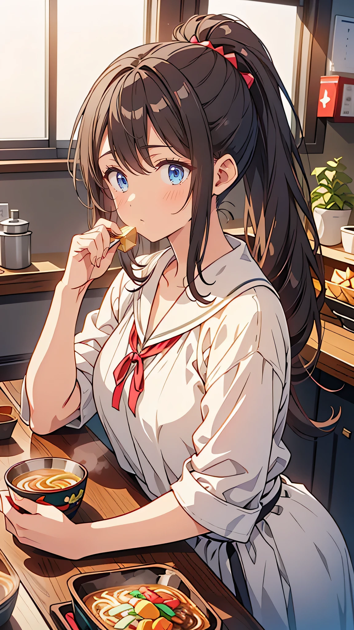 “A calm and thoughtful high school girl with long black hair tied in a low ponytail sits at the counter of a ramen shop. She holds a delicate porcelain spoon filled with clear broth, pausing to savor its aroma before taking a sip. Her serene expression reflects her deep appreciation for the flavor. The warm light of the shop highlights her gentle smile, while the other girls chat and laugh in the background.”