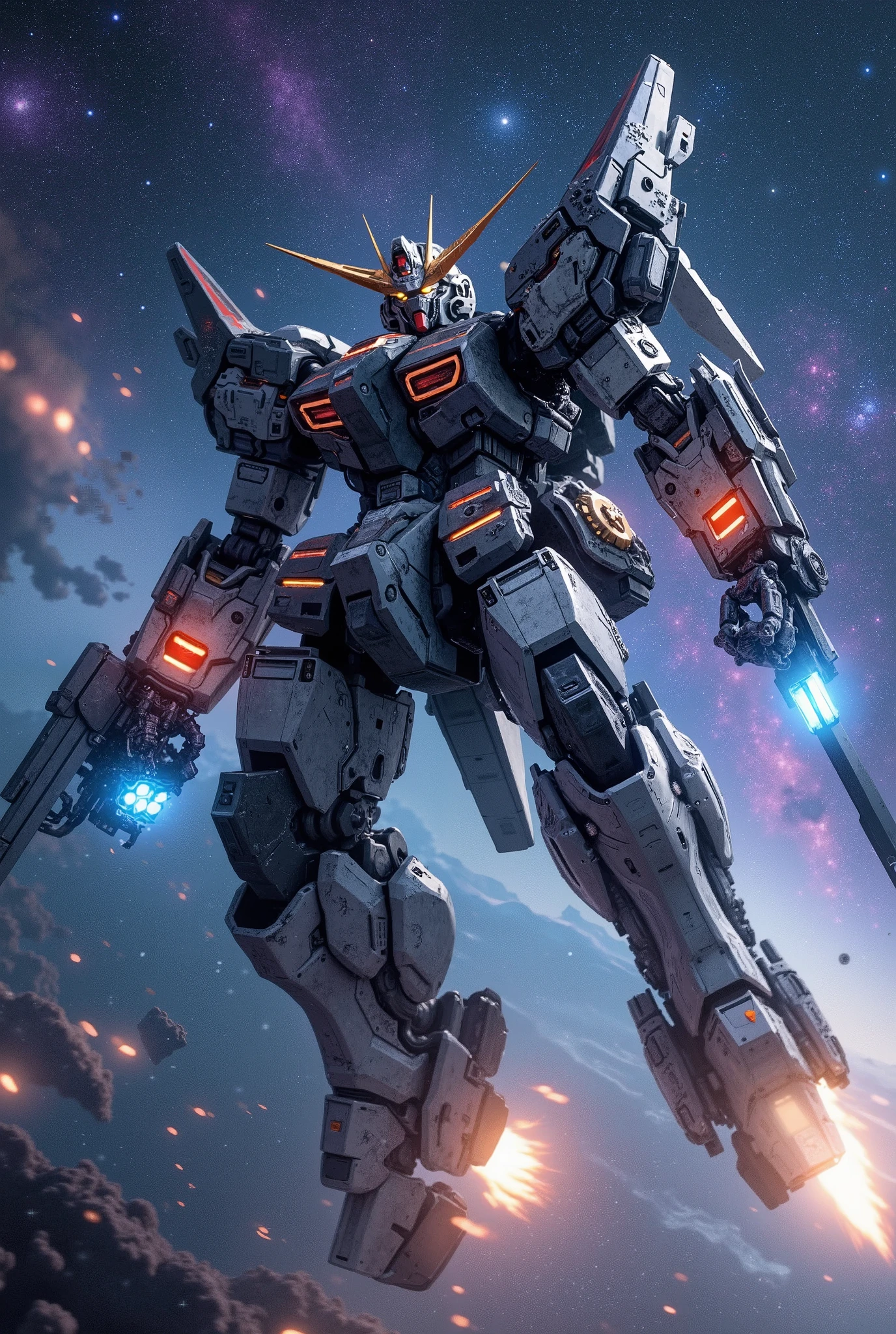 A colossal, heavily armored mecha, resembling a Gundam Robots, soars through the vast emptiness of space, its thrusters roaring with vibrant blue flames. The intricate mechanical details of its body, adorned with glowing energy lines and battle-worn textures, come into sharp focus as it flies directly toward the viewer. The dynamic perspective captures the immense size of the mecha, with its massive arms outstretched for balance and its glowing eyes radiating a fierce intensity. Behind it, a breathtaking backdrop of distant stars, luminous blue and purple nebulas, and scattered debris from a recent battle sets the stage. Metallic reflections glint off its surface, illuminated by the light of a nearby sun, while a trail of exhaust and sparks accentuates its unstoppable acceleration. The scene conveys a powerful sense of momentum and cinematic grandeur, rendered with hyper-realistic details and presented in stunning 8k resolution for a truly awe-inspiring masterpiece.
