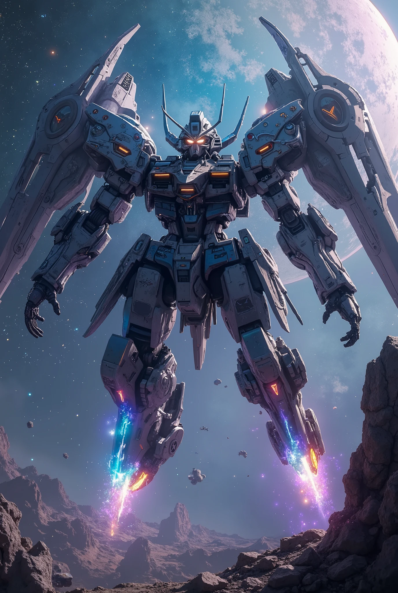 A colossal, heavily armored mecha, resembling a Gundam Robots, soars through the vast emptiness of space, its thrusters roaring with vibrant blue flames. The intricate mechanical details of its body, adorned with glowing energy lines and battle-worn textures, come into sharp focus as it flies directly toward the viewer. The dynamic perspective captures the immense size of the mecha, with its massive arms outstretched for balance and its glowing eyes radiating a fierce intensity. Behind it, a breathtaking backdrop of distant stars, luminous blue and purple nebulas, and scattered debris from a recent battle sets the stage. Metallic reflections glint off its surface, illuminated by the light of a nearby sun, while a trail of exhaust and sparks accentuates its unstoppable acceleration. The scene conveys a powerful sense of momentum and cinematic grandeur, rendered with hyper-realistic details and presented in stunning 8k resolution for a truly awe-inspiring masterpiece.
