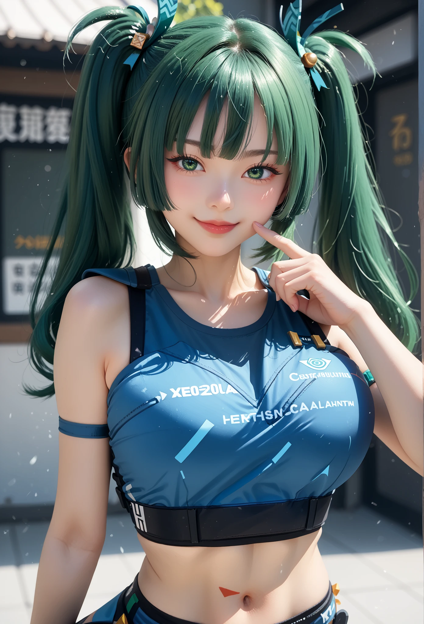 score_9_up,score_8_up,score_7_up,ZZZ_QY,1girl,solo,
green eyes, big breasts, sexy smile, sexy pose, looking at the viewer, finger on the cheek, blinking,  best quality, green hair, twintails, long hair, navel, close-up, blue midriff, full body, best_quality, 8k.