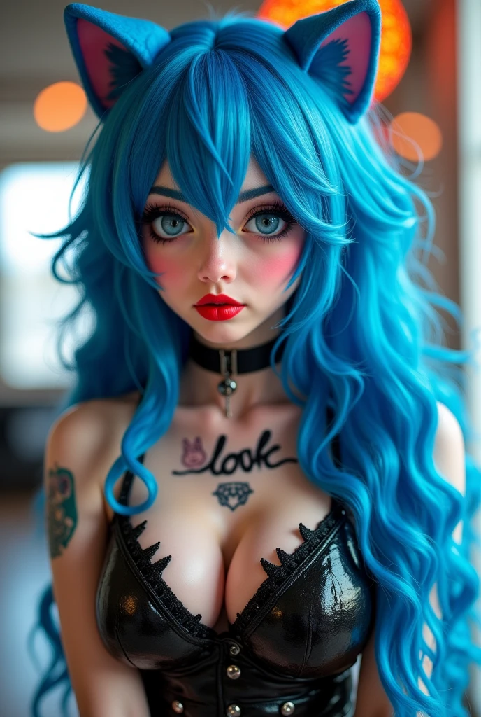((best quality)),((masterpiece)),((strikingly beautiful)), goth, excited, pale skin, smoky eyes, vivid colors, punk clothing, rock hairstyle, blue hair, black lips, abandoned street, body view, microbangs, huge breasts