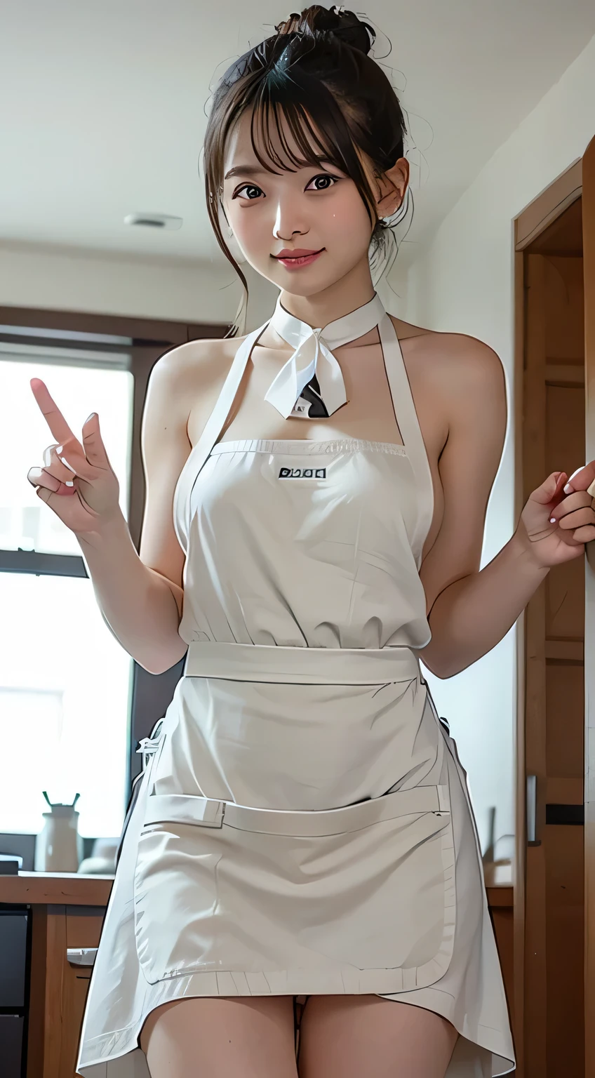 Woman cooking、age19、(Dressed naked with hijab，Wear a slim mini apron:1.3)、4K、((hight resolution、masterpiece、top-quality:1.3)),Fine skin、sharp focus、Soft lighting、dynamic ungle、(Detailed face:1.2)、(((In the kitchen))) Cute smile　Viewer's Perspective　Colossal tits　tying  hair　Sleeveless　Stretch your upper arms　Stretch your shoulders　cleanness　Large kitchen　Beautiful kitchen　((Beautiful straight wavy curls，By bangs))　put down hands，Prepare the coffee　a big smile　((There is no fabric on the back of the apron、Cracks in the buttocks are perfectly visible.))((It's sex in the kitchen:1.3))(((This is a sex apron)))(((Cracks in the buttocks are perfectly visible)))((Stretch the buttocks further，Exposing cracks))at this、Very thick and rigid upright type available　This is a very big one. Juice overflows from the opening of the girl's vagina detailed.